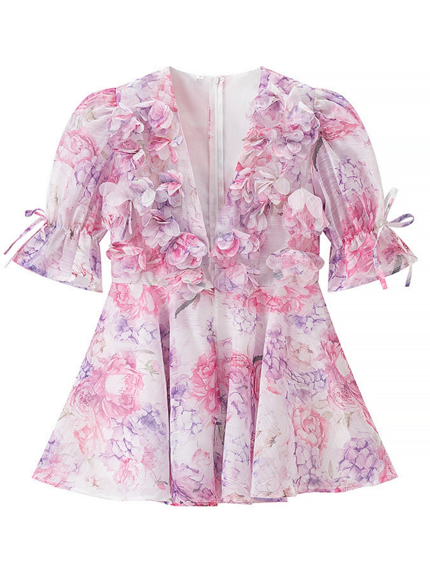 Floral Print Chiffon Puff Sleeve V-neck Mini&Short Dresses
