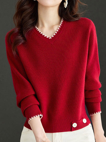 Isabella V-Neck Solid Color Knitted Sweater-Red