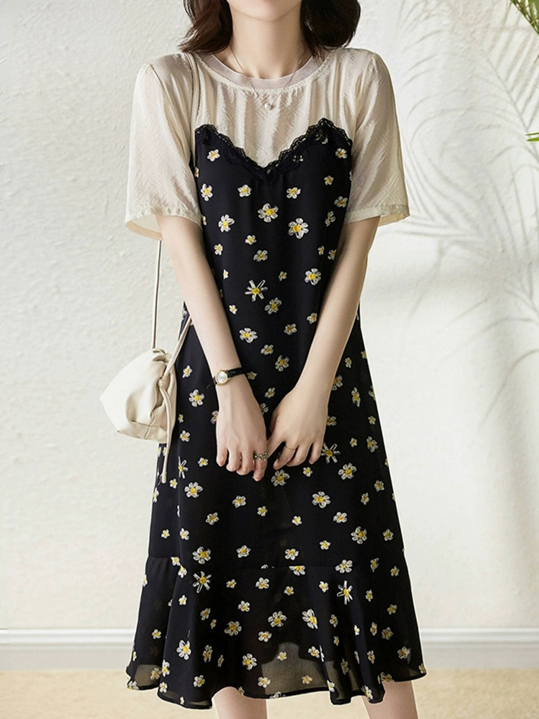 Maria Chic Crew Neck Ruffled Floral Chiffon Dress