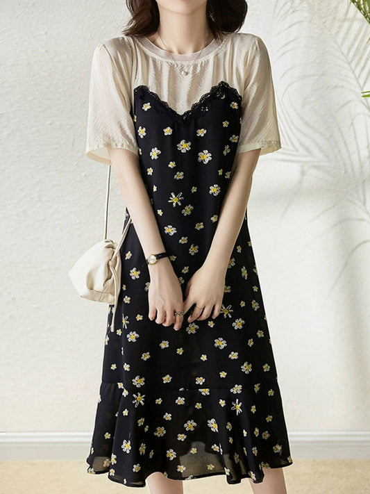 Maria Chic Crew Neck Ruffled Floral Chiffon Dress