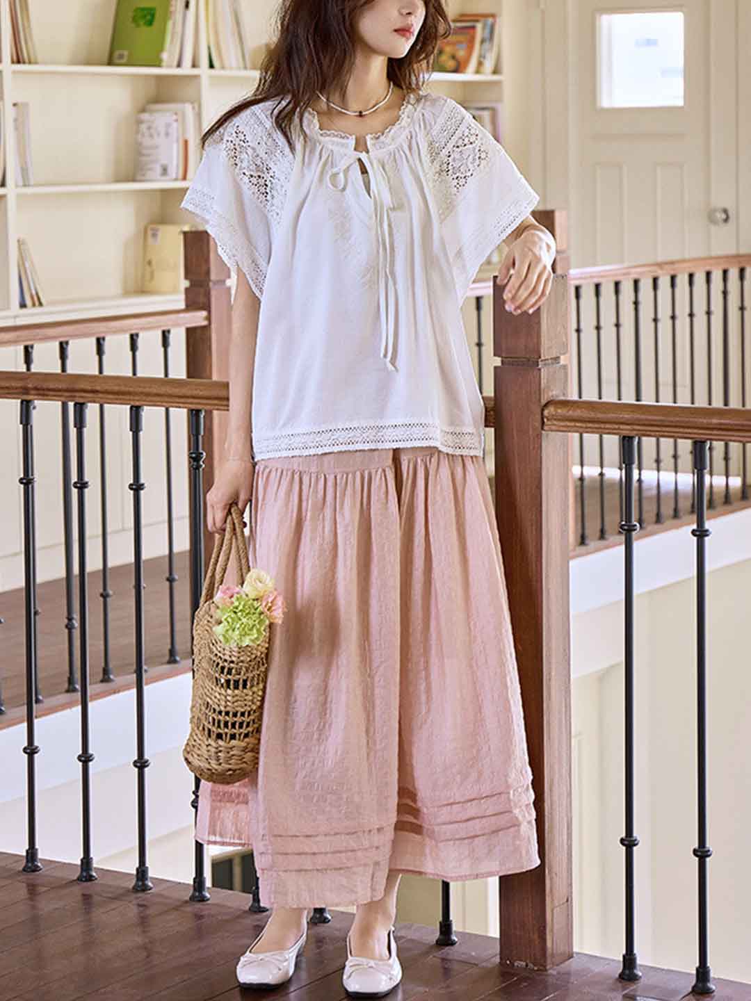 Jessica Chic Lace Embroidered Hollowed Tie Shirt