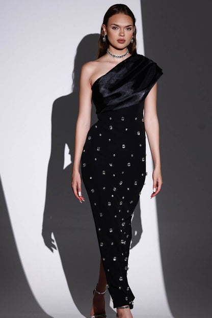 Rhinestone Sloping Shoulders Midi Dress