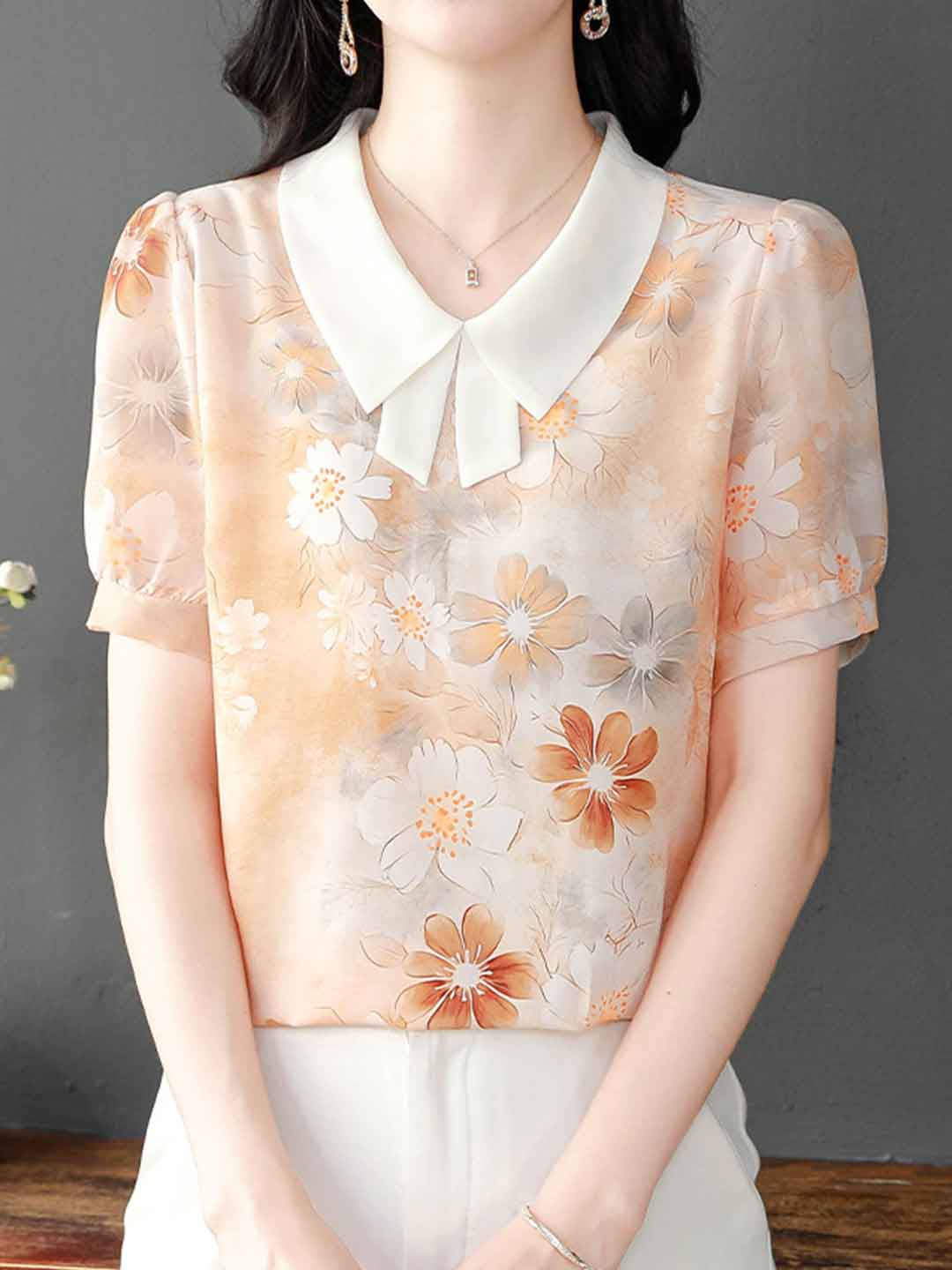 Mariah Classic Lapel Floral Printed Chiffon Top