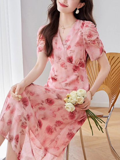 Kaitlyn Elegant V-Neck Printed Tie Dress