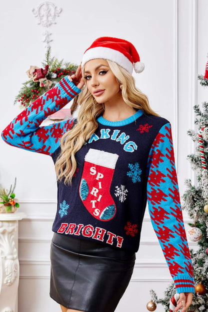 Suéter de punto bordado con calcetines navideños casuales 