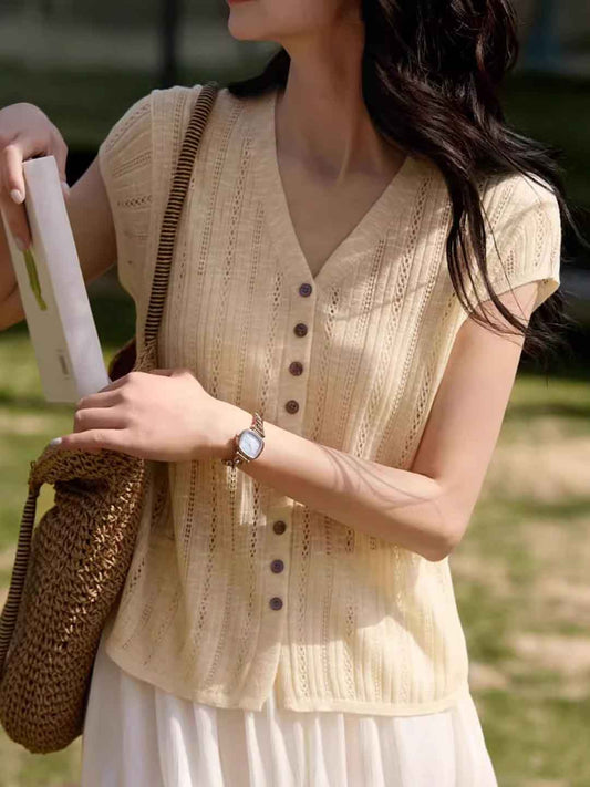 Rachel Classic V-Neck Solid Color Hollowed Knitted Top