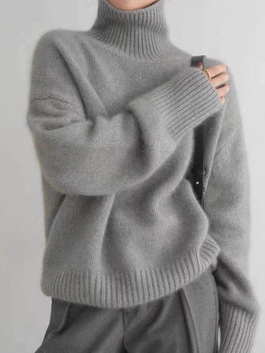 Mia Loose Turtleneck Solid Color Knitted Sweater-Gray