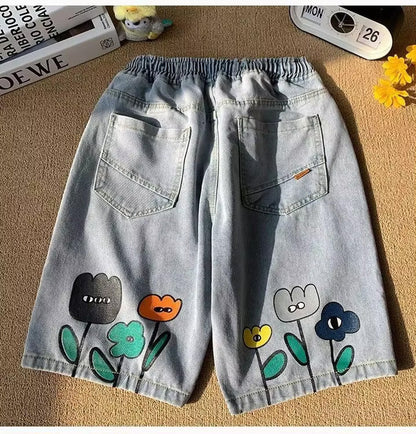 Retro Flowers Cartoon Back Printed Denim Shorts