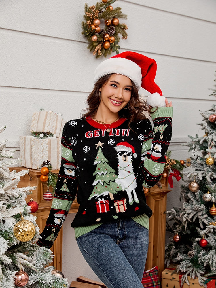 Suéter de punto bordado con cuello redondo – Alpaca y árbol de Navidad 