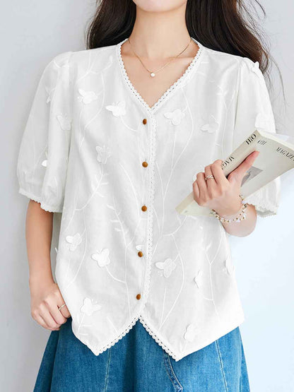 Jessica Retro V-Neck Puff Sleeve Lace Embroidered Top