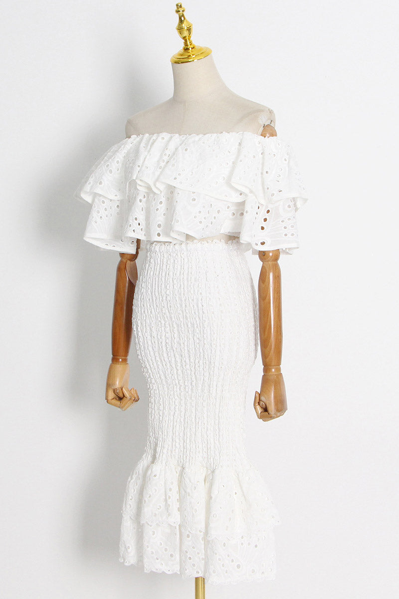 Conjunto de vestido largo con volantes escalonados y encaje bordado Dolly