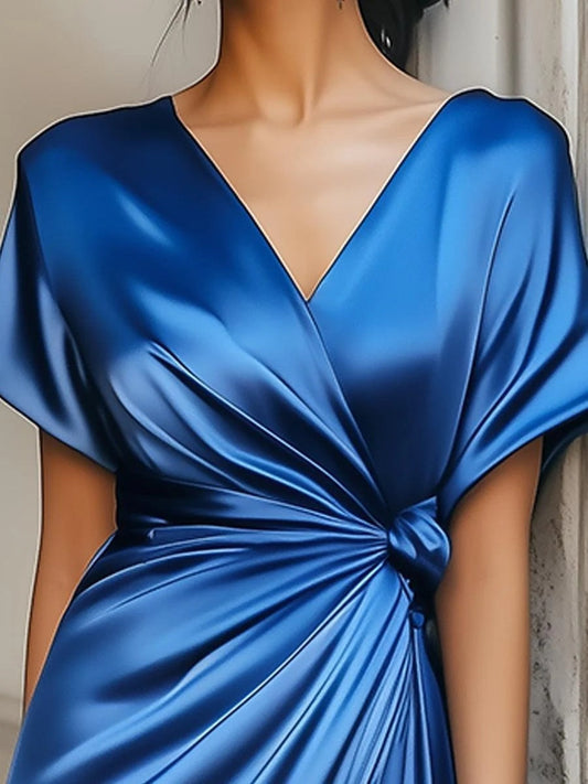 V-neck Short Sleeve Solid Color Satin Maxi Dresses