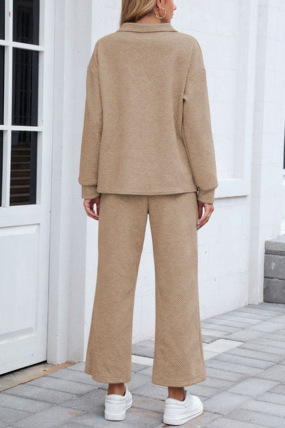 Lapel Long Sleeve Textured Sweashirt Set