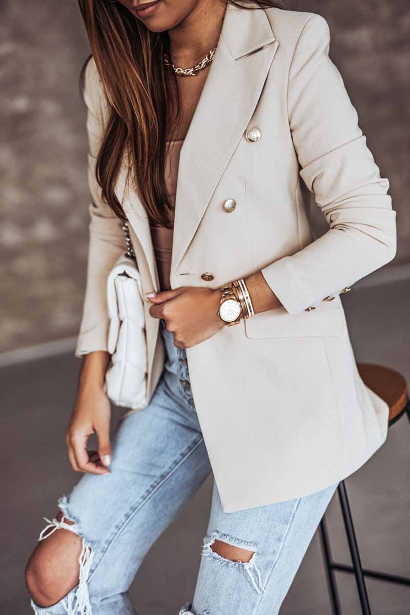 Solid Color Long-Sleeved Double-Breasted Blazer (4 colors)