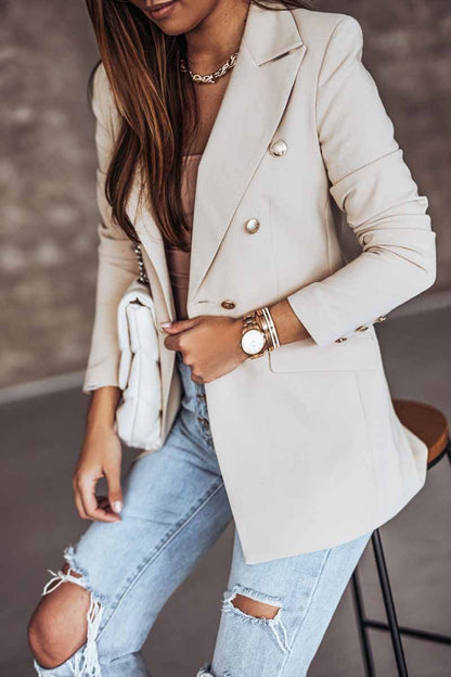 Solid Color Long-Sleeved Double-Breasted Blazer (4 colors)
