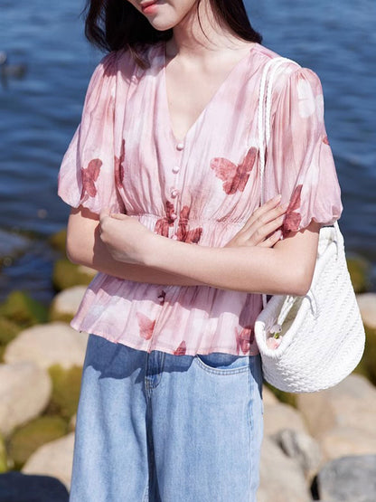 Kylie Elegant V-Neck Puff Sleeve Butterfly Printed Top