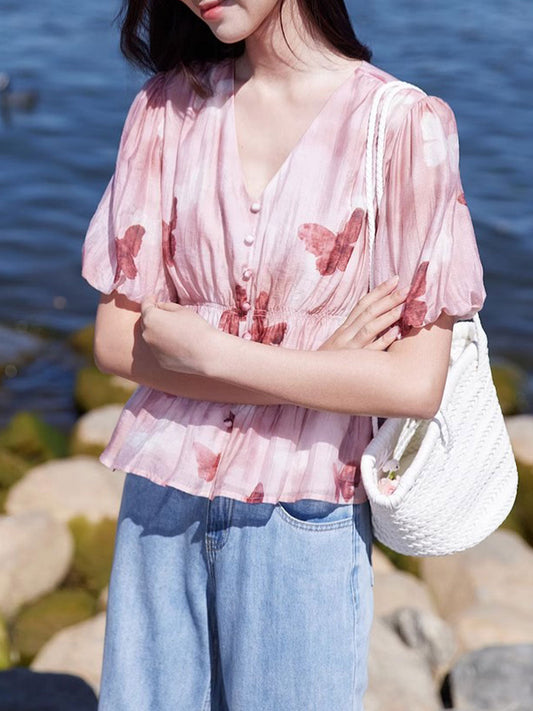 Kylie Elegant V-Neck Puff Sleeve Butterfly Printed Top