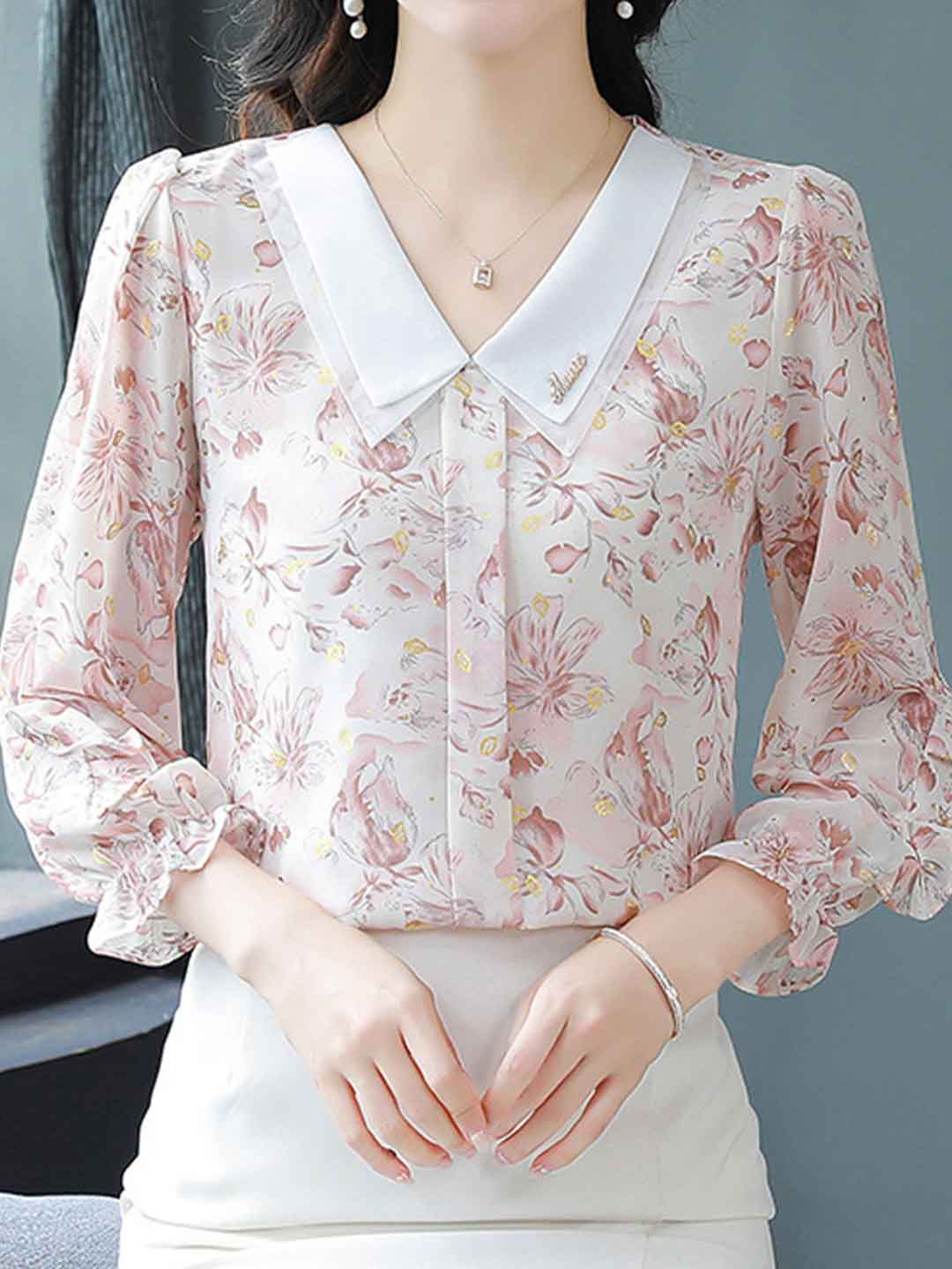 Molly Loose Doll Collar Auricular Floral Chiffon Top