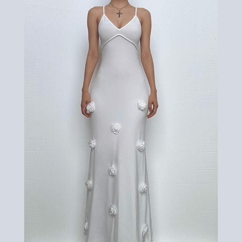 V neck flower applique cross back cami maxi dress  | Festival Outfits Women