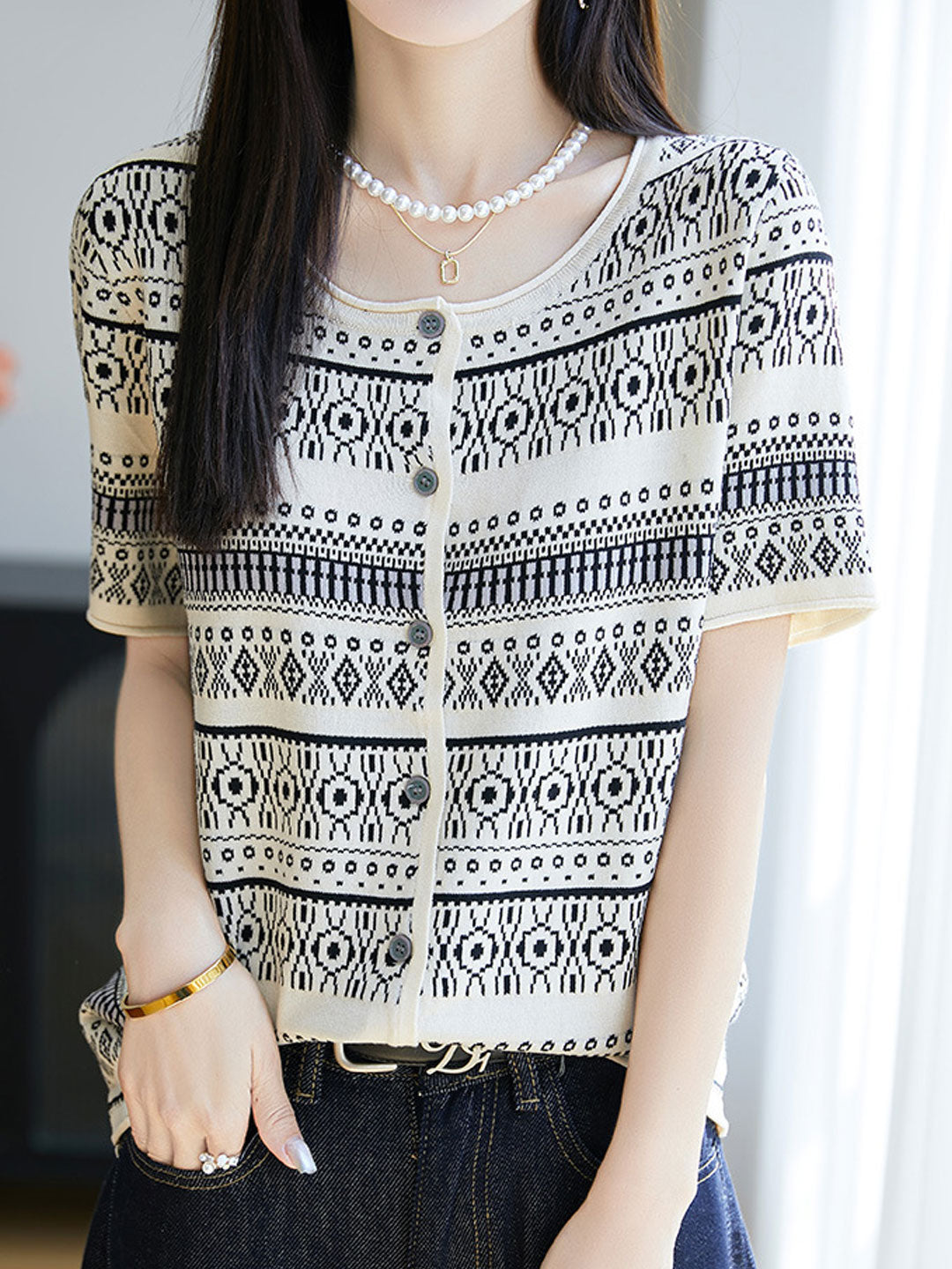 Kylie Retro Crew Neck Jacquard Knitted Top