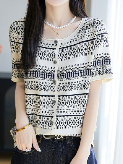 Kylie Retro Crew Neck Jacquard Knitted Top