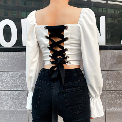 Belted Back Hollow Out Long Sleeve Square Collar Crop Tops