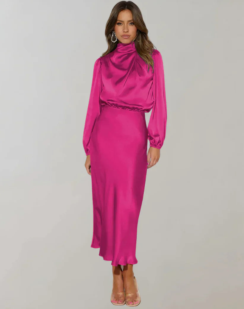 Elegante vestido de satén con cuello alto y manga larga para mujer | Ideal para primavera/verano