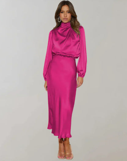 Elegante vestido de satén con cuello alto y manga larga para mujer | Ideal para primavera/verano