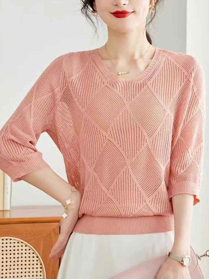 Sarah Loose V-Neck Hollowed Knitted Top