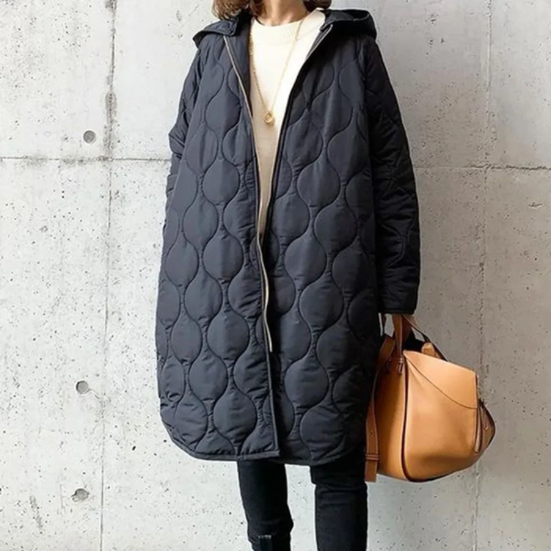 Elegante abrigo largo acolchado con capucha para mujer | Ideal para el invierno