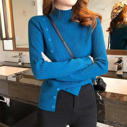 Elegante jersey de punto de cuello alto para mujer con botón y abertura | Ideal para otoño/invierno