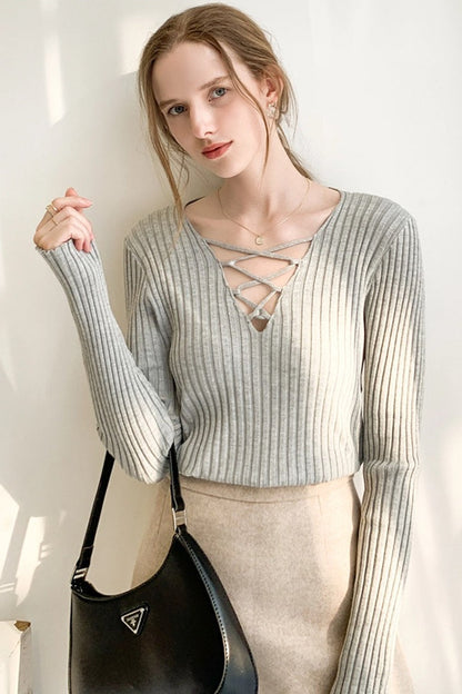 Slim Fit Lace Up V Neck Sweater