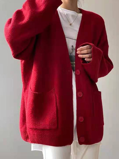 Solid V Neck Breasted Knit Cardigan