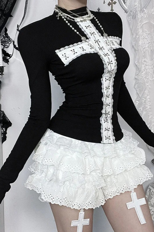 Y2K Aesthetic Lace Paneled Gothic T-shirt