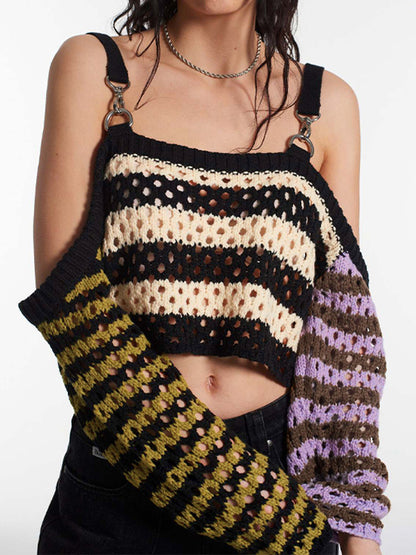 Cutout Contrast Color Splice Buckle Strap Crochet Top