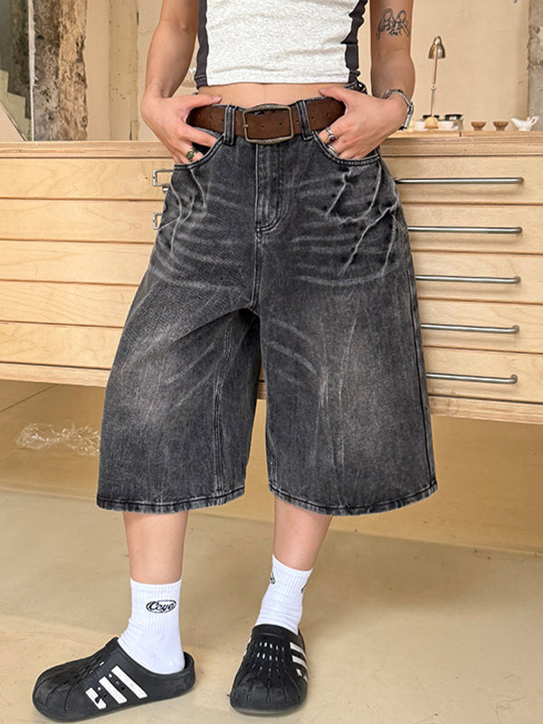Vintage Washed Lightning Bolt Pattern Denim Shorts