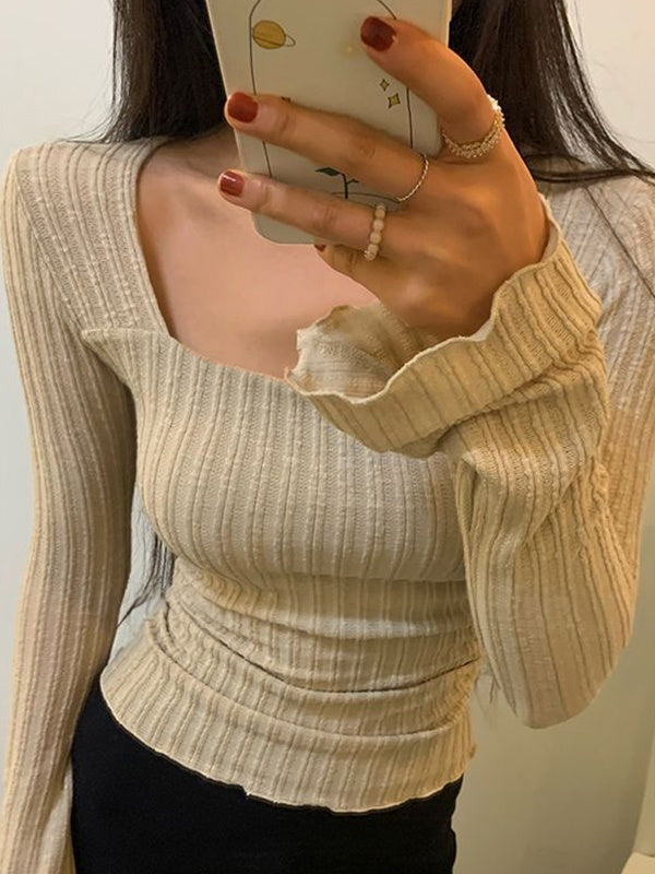 Square Neck Flare Sleeve Slim Knit