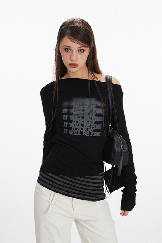 Virtual Patchwork Off Shoulder Asymmetric T-shirt