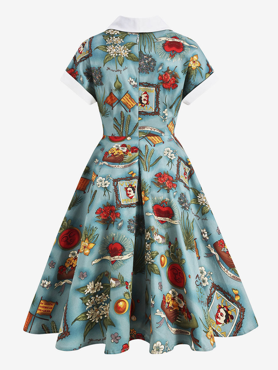 Vintage Glamour Dress Turndown Collar Buttons 1950s Style Short Sleeves Medium Yellow Rockabilly Dress