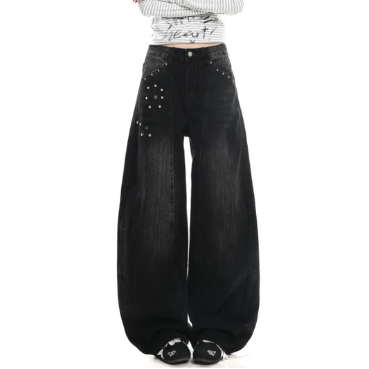 Rivet applique irregular pocket wide leg | Baggy Low Rise Jeans  | Festival Outfits Women