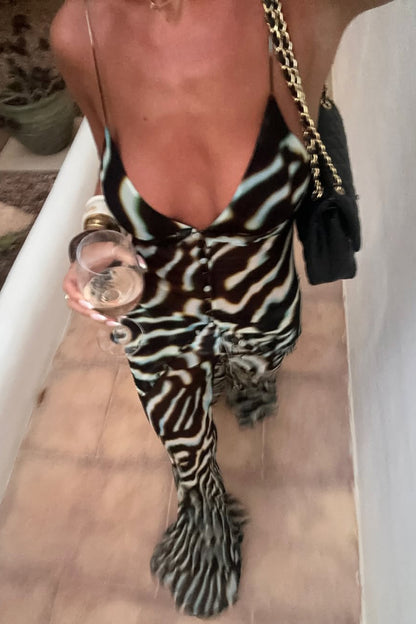 Zebra Print V-neck Camisole Long Mesh Top