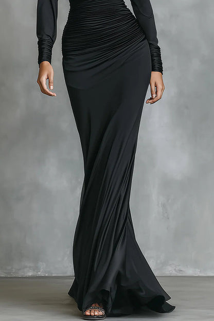Solid Color One-shoulder Long-sleeved Slim-fit Pleated Maxi Dress