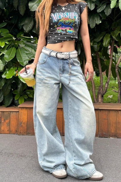 Light Blue High-Waisted Washed Wide-Leg Jeans