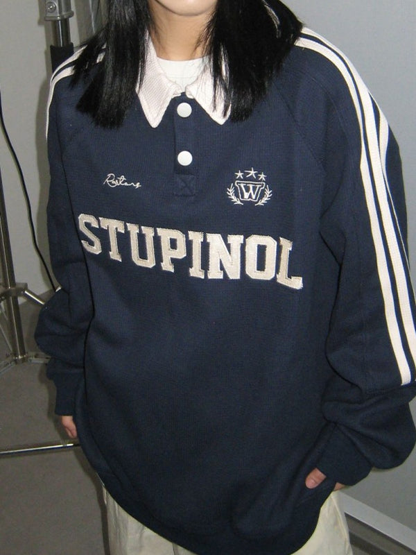 Letter Embroidered Piping Lapel Neck Sweatshirt