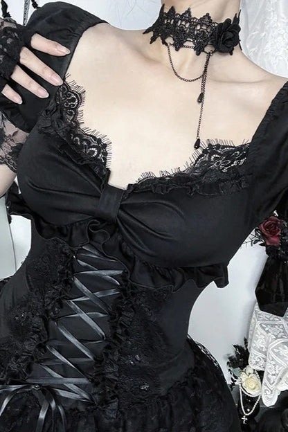 Dark Gothic Lace Trim Puff Sleeve Square Neck A-line Mini Dress