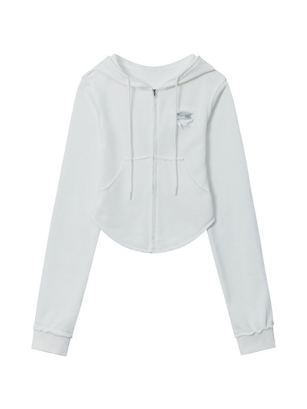 Solid Color Frayed Design Drawstring Long Sleeve Tee