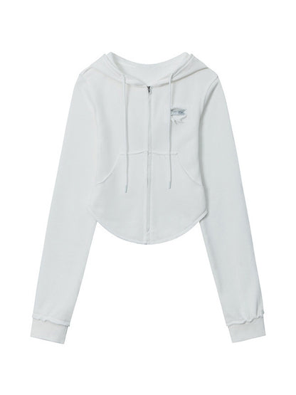 Solid Color Frayed Design Drawstring Long Sleeve Tee