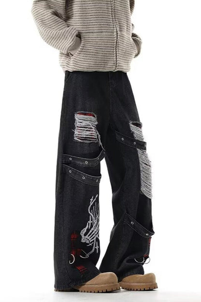 Heavy Duty Y2K Ripped Wide Leg Denim Pants