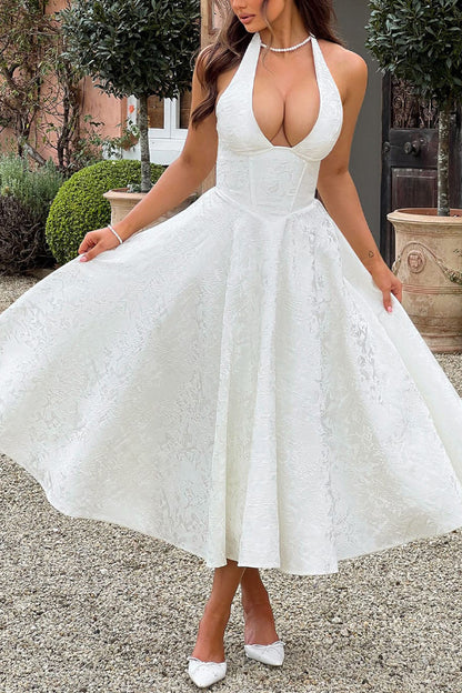 Stylish Jacquard Halter Neck Fitted Waist Open Back Elegant Midi Dress