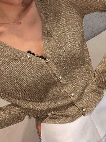 Glitter Ribbed Pearl Button Long Sleeve Knit